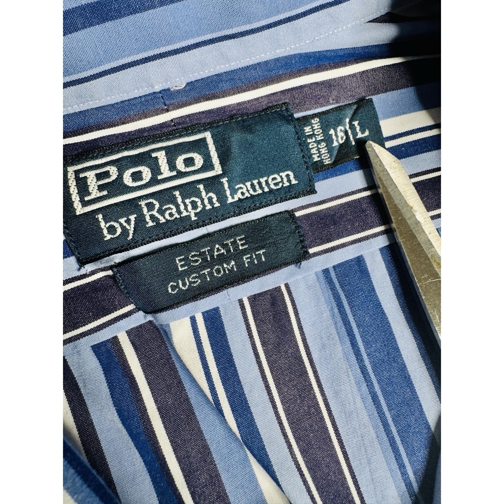 Polo Ralph Lauren Mens Long Sleeve Shirt 16 L VTG Estate Custom Fit Blue Stripes - Picture 2 of 6
